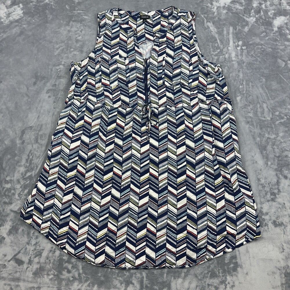 Torrid Dress Womens Sz 3X Mini Challis Zip Front Shirt Blue Chevron Tie Waist